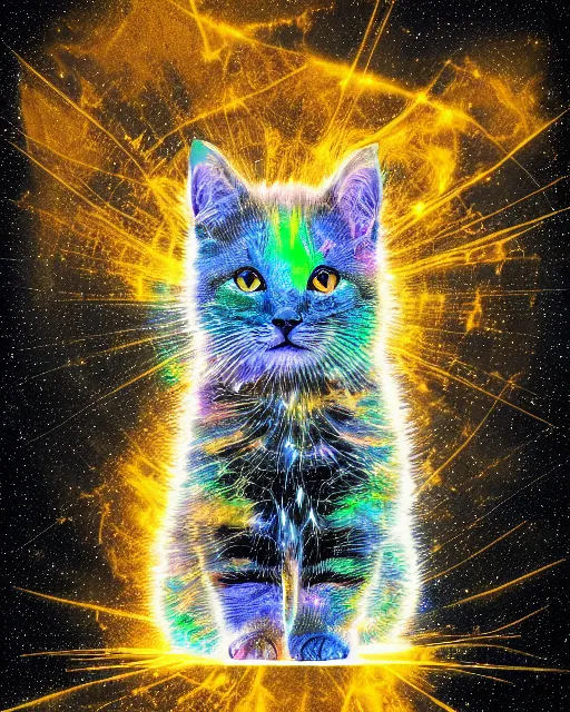 Image similar to highly detailed high resolution stacked plot of radio emissions from a pulsar, abstracted light refractions and stripy interference, making up a fluffy cat isolated on black, silk screen t-shirt design 4K