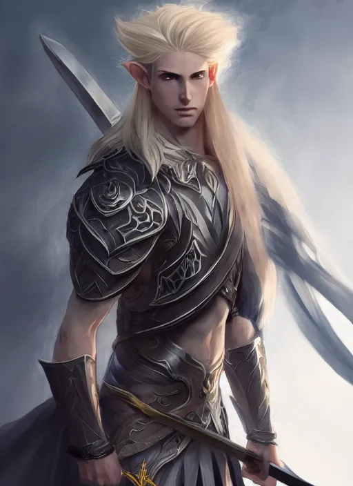 Image similar to Half-body portrait an elven princes with blonde hair and giant sword. In style of Hyung-tae Kim and Greg Rutkowski, concept art, trending on ArtStation, Korean MMORPG, over-detailed art, 8K, epic, dynamic lightning, dramatic pose.