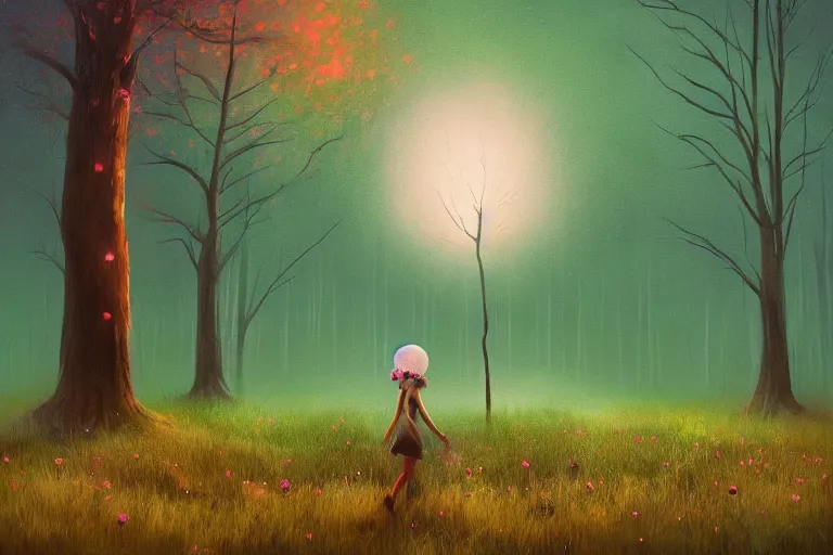 Image similar to giant daisy flower on head, girl walking in forest, big trees, surreal photography, dark night, stars, moon light, impressionist painting, clouds, digital painting, artstation, simon stalenhag