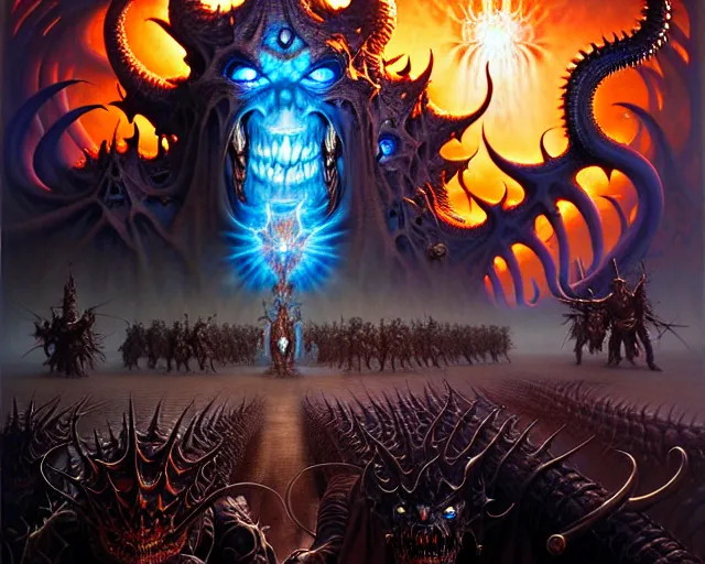 Image similar to the army of darkness and demons, fantasy character portrait made of fractals facing each other, ultra realistic, wide angle, intricate details, the fifth element artifacts, highly detailed by peter mohrbacher, hajime sorayama, wayne barlowe, boris vallejo, aaron horkey, gaston bussiere, craig mullins