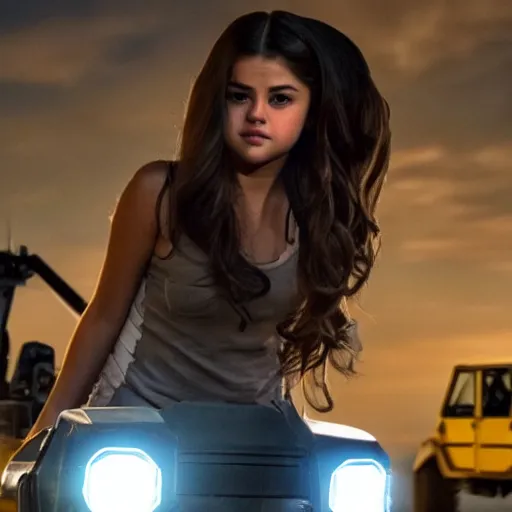 Image similar to High quality movie still of Selena Gomez as Mikaela in Michael Bay's Transformers