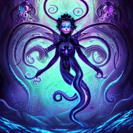 Image similar to A full shot of a dark fairy from the Abyss covered in opal. Symmetrical. Underwater. Lit from above. Dark foreboding Atmosphere. Sailor Moon. Tentacles. Kawaii. Neon glow. By Lisa Frank and HR Giger and Ross Tran. Key Art. Fantasy Illustration. award winning, Artstation, intricate details, realistic, Hyperdetailed, 8k resolution. Photoreal. Octane Render.