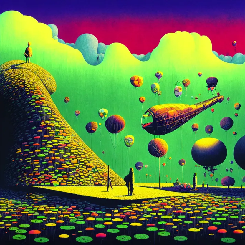 Image similar to surreal glimpse into other universe, zeppelin, island, summer morning, very coherent and colorful high contrast, art by! gediminas pranckevicius! geof darrow, volumetric lighting, cinematic, floralpunk screen printing woodblock, dark shadows, hard lighting, stipple brush