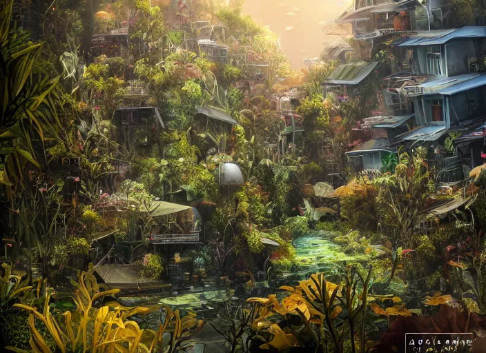 Prompt: overgrown foliage overtaking favela, underwater environment, buildings, coral, scenery, professional, award - winning, trending on artstation, detailed, realistic, beautiful, emotional, shiny, golden, picture