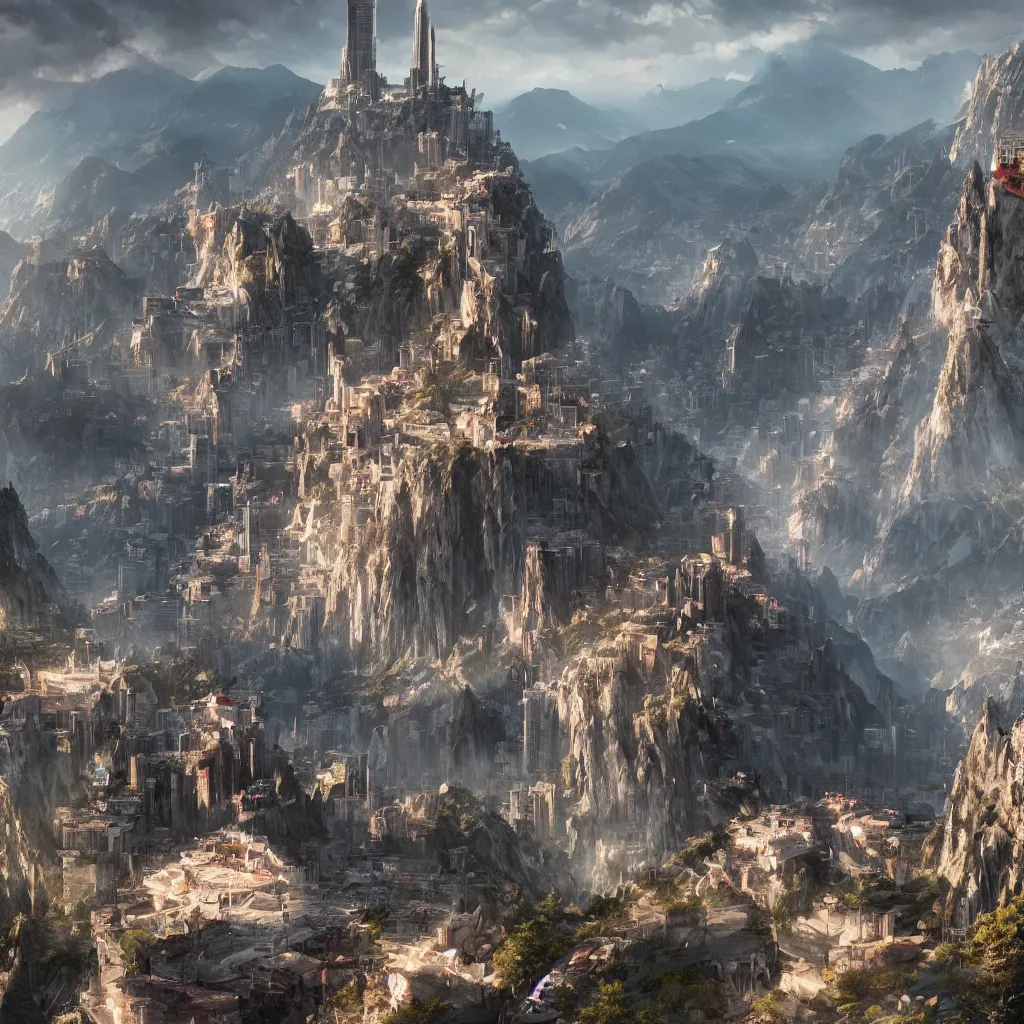 Image similar to a great city on the side of a mountain by Greg Rutkowski, Sung Choi, Mitchell Mohrhauser, Maciej Kuciara, Johnson Ting, Maxim Verehin, Peter Konig, final fantasy , 8k photorealistic, cinematic lighting, HD, high details, atmospheric , trending on artstation