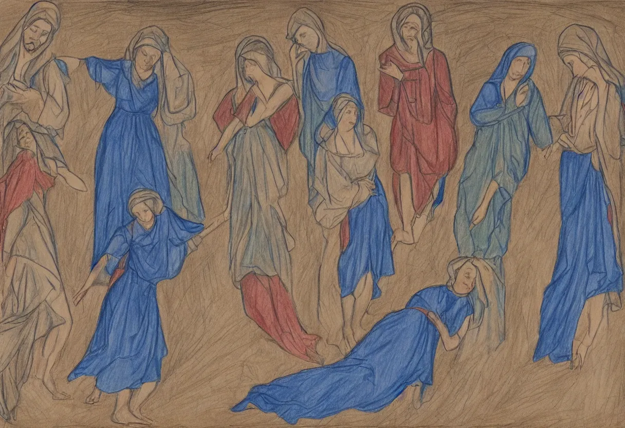 Image similar to a drawing of 3 maria's with blue dresses in a landscape crying at the death of christ