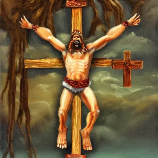 Prompt: Donkey Kong as Jesus Christ, dying on the cross for our sins, oil painting