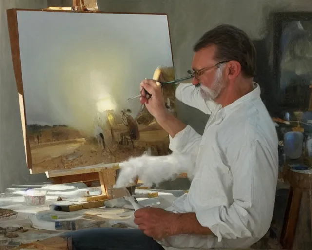 Prompt: a painter in his studio painting a picture of an eggplant emoji - key lighting, soft lights, foggy, by steve hanks, by lisa yuskavage, by serov valentin, by tarkovsky, 8 k render, detailed, oil on canvas