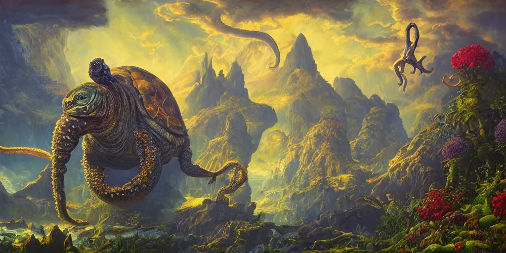 Image similar to fantasy oil painting, great leviathan, cybernetic turtle cephalopod terrapin reptilian pachyderm squid, bella hadid, hybrid, milla jovovich, anubis, epic natural light, lush plants flowers, spectacular mountains, bright clouds, luminous sky, outer worlds, golden hour, michael cheval, edward hopper, michael whelan, vray, hd