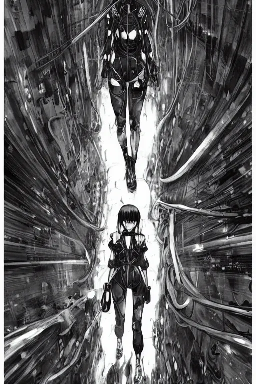 Image similar to beautiful coherent award-winning manga cover art of a mysterious lonely anime woman wearing a plugsuit and traversing an endless concrete hallway, by tsutomu nihei