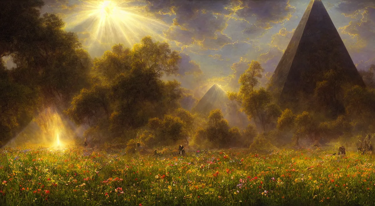 Image similar to rhythmic interval tectonic surfaces as resonant waves of harmonic organic mystical megastructure crystal lattice pyramid architectures exploding with light and god rays in a meadow full of wildflowers by albert bierstadt, by glen small, photorealistic, god rays, octane, depth of field, bladerunner