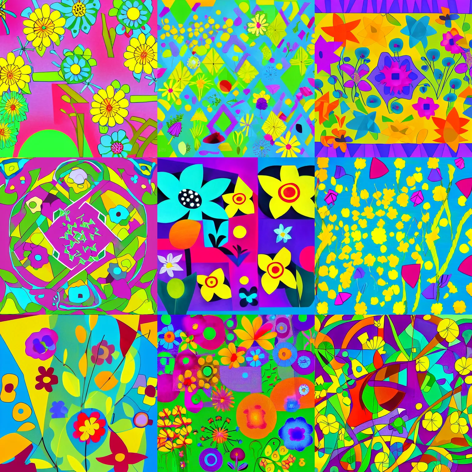 Prompt: meadow with flowers, geometric shapes, spring, colorful, bright, cubism, digital art