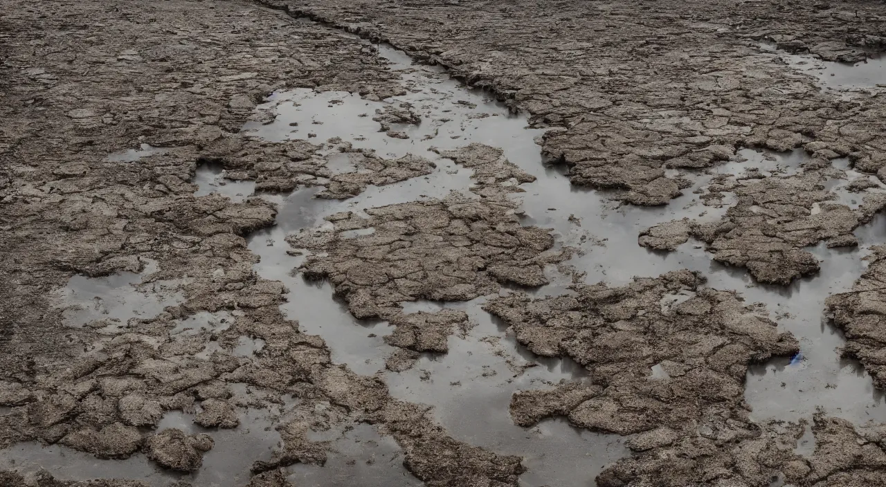 Image similar to Upside-down slow motion rain in a cloudless sky, sunny weather, above a dried-up river in a desolate land, hyper detailed photorealistic