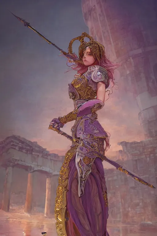 Prompt: portrait knights of Zodiac girl, metalic pink and pale violet reflected armor, in ruined Agora of Athens sunrise, ssci-fi, fantasy, intricate, very very beautiful, elegant, golden light, highly detailed, digital painting, artstation, concept art, smooth, sharp focus, illustration, art by tian zi and WLOP and alphonse mucha