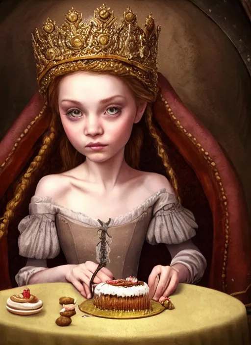 Image similar to highly detailed closeup portrait of an irish fairytale medieval princess eating cake, unreal engine, nicoletta ceccoli, mark ryden, lostfish, earl norem, global illumination, god rays, detailed and intricate environment