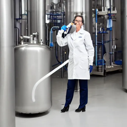 Image similar to woman in a lab coat leaning against a large compressed air tank. she's smirking while holding on to the tank's valve. a hose connects the tank to her mouth.