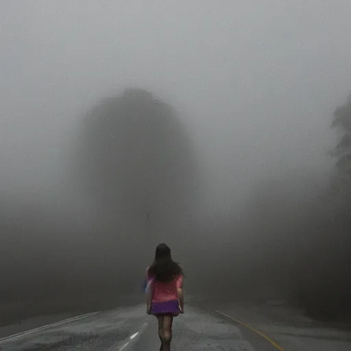 Prompt: girl in a creepy town covered in heavy fog and monsters