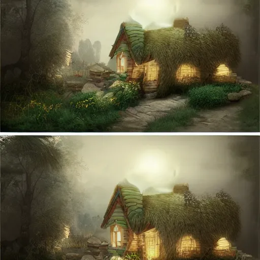 Prompt: a beautiful matte painting of a little cottage, trending on artstation, behance