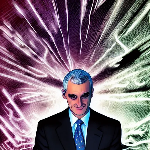 Image similar to digital illustration of secretary of denis mcdonough face, cover art of graphic novel, eyes replaced by glowing lights, glowing eyes, flashing eyes, balls of light for eyes, evil laugh, menacing, villain, clean lines, clean ink