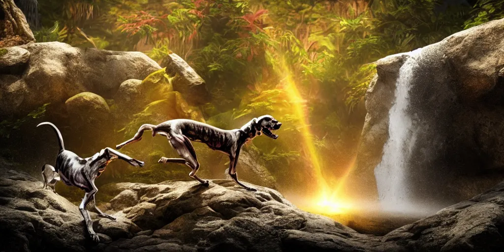 Image similar to 3d renderings of two dog Skeletons fighting in front of a waterfall, infographic for imaginary animals, golden hour, backlit by an alien planet, sharp focus, psychedelic LSD manga, hyper realistic, detailed, octane render