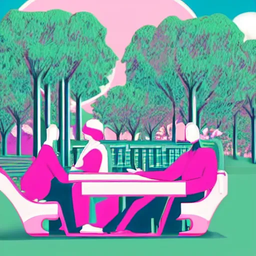 Image similar to art deco vaporwave illustration of a park with trees, benches, and a couple people playing mahjong, with a futuristic pink pastel city in the background