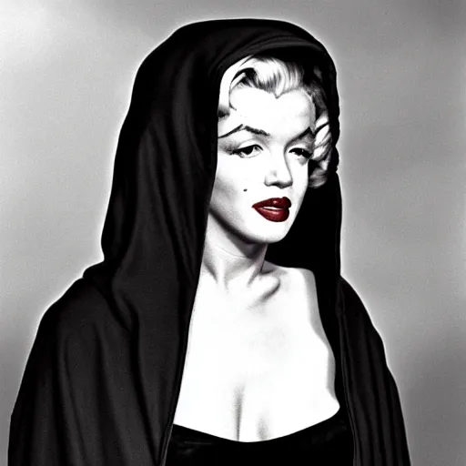 Prompt: marilyn monroe wearing a dark hooded cloak