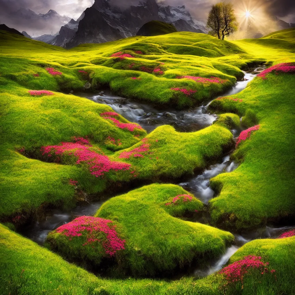 Image similar to amazing landscape photo of switzerland green spring with flowers by marc adamus, beautiful dramatic lighting