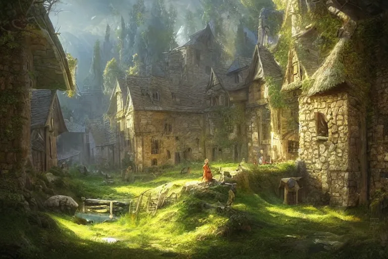 Image similar to a medieval village with a stream in a forested valley by jessica rossier and brian froud cinematic painting