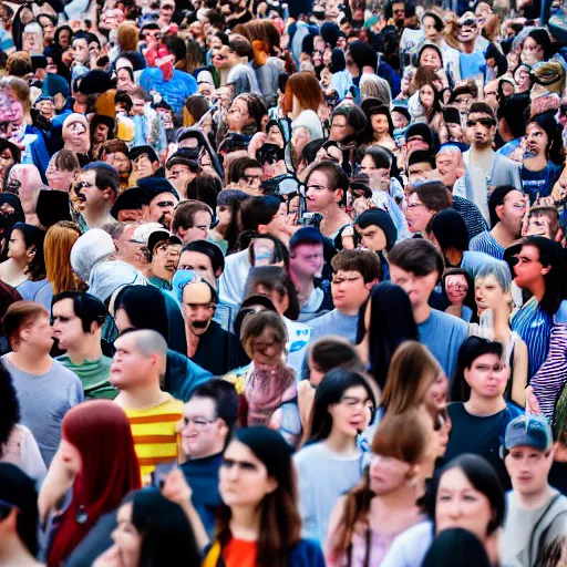 Image similar to zoomed out view of a crowd standing in line that goes on forever, modelsociety, radiant skin, huge anime eyes, rtx on, perfect face, directed gaze, sony a 7 r iv, symmetric balance, polarizing filter, photolab, lightroom, 4 k, dolby vision, photography award