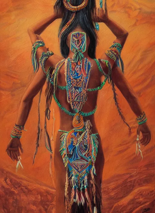 Image similar to a beautiful painting of an indigenous woman seen from behind, holding up her arms to the sky, full body, matte painting, fantasy art, ayahuasca, highly detailed