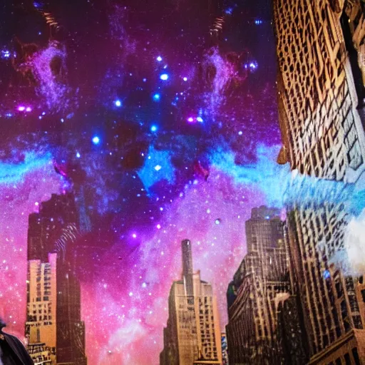 Image similar to an 8 k hi res photo of a man in a mirror full face mask paints a galaxy on a busy ny street