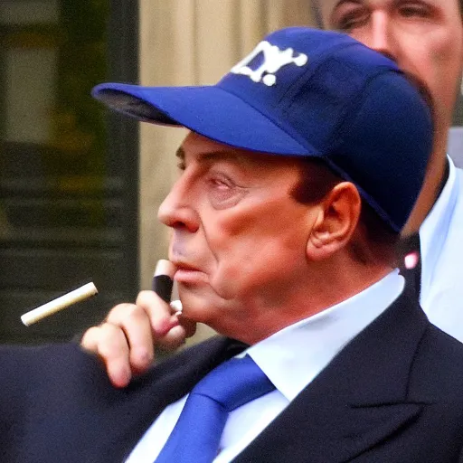 Prompt: Silvio Berlusconi with a blue NY hat and 16 cigarettes in his eyes, photo, paparazzi, hd, high quality