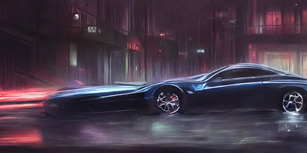 Image similar to full view of a sport car, on wet street at night, painted in dark color holographic pearlescent, elegant, digital painting, concept art, smooth, sharp focus, art style from Wang Ke and Greg Rutkowski and Bruce Kaiser and Scott Robertson and Dmitry Mazurkevich and Doruk Erdem and Jon Sibal