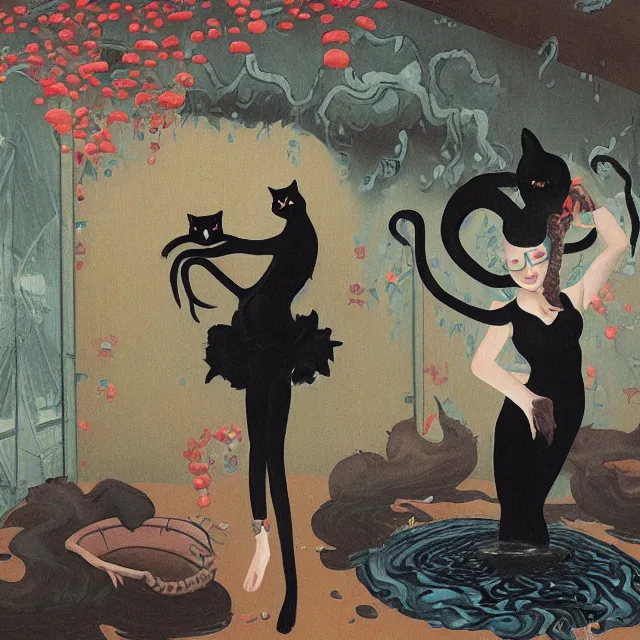 Image similar to tall female catgirl artist holding a black cat in her flooded apartment, pomegranates, octopus, water gushing from ceiling, painting of flood waters inside an artist's apartment, a river flooding indoors, mushrooms, ikebana, zen, rapids, waterfall, black swans, canoe, berries, acrylic on canvas, surrealist, by magritte and monet