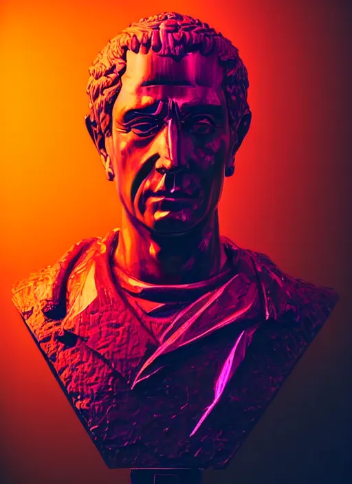 Image similar to portrait of a statue of an angry julius caesar, beeple, vaporwave, retrowave, black background, neon, black, glitch, strong contrast, neon wiring, cuts, pinterest, trending on artstation