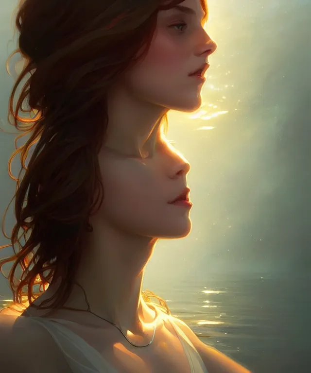 Prompt: emily rajtkowski, lake, elegant, highly detailed, god rays, digital painting, artstation, concept art, smooth, sharp focus, illustration, art by artgerm and greg rutkowski and alphonse mucha