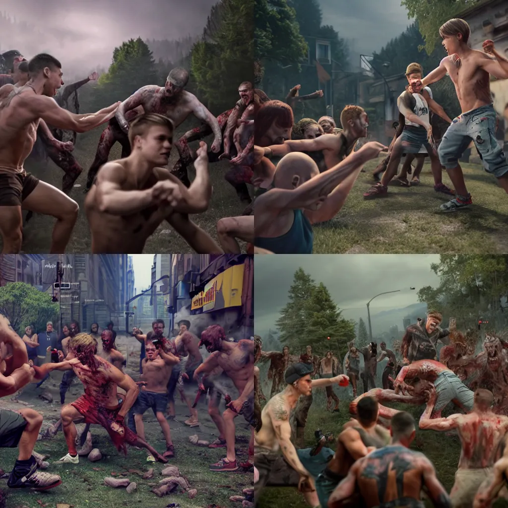 Prompt: a muscular Justin Bieber fights I a postapokalyptic town against a horde of zombies, professional photography, sharp focus, ((octane render)), highly detailed, very realistic, ((photorealistic)), Artstationhd, 8k, award winning on Artstation, hyper detailed, hyper realistic.