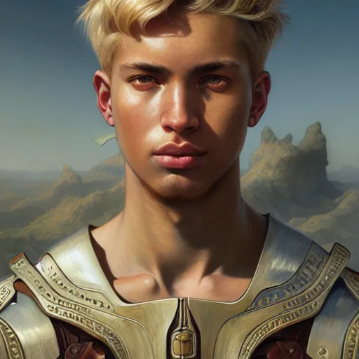 Image similar to portrait painting of a sun - kissed young melancholic man with a soft face and short blonde hair wearing armor, ultra realistic, concept art, intricate details, eerie, highly detailed, photorealistic, octane render, 8 k, unreal engine. art by artgerm and greg rutkowski and charlie bowater and magali villeneuve and alphonse mucha