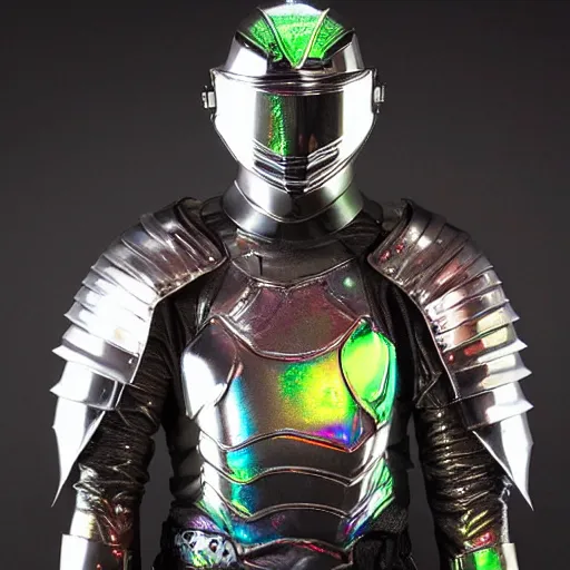 Image similar to holographic corinthian armor, man wearing armor, glowing, see through, spectacular