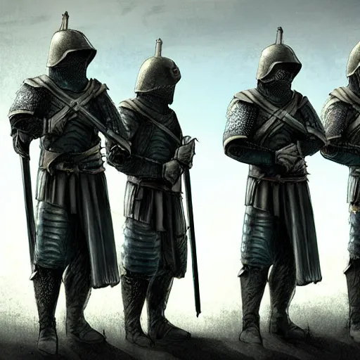 Image similar to realistic, few medieval soldiers, in line, ready fo battle, blue flagg, mist, up facing, epic, digital art, illustration, fantasy, realistic sketch, dark