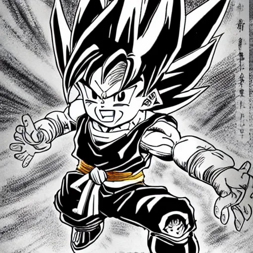 Prompt: highly detailed pen and ink black and white shonen jump son goku sitting on toilet seat powering up further beyond illustrated by constipated akira toriyama issue cover