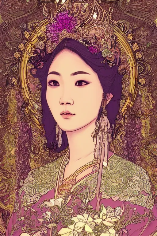 Image similar to beautiful and detailed digital illustration of thai princess by kittichai rueangchaichan, floralpunk, Artstation, art nouveau aesthetic, Alphonse Mucha background, intricate details,concept art, realistic, dramatic, detailed intricate ink illustration, heavenly atmosphere