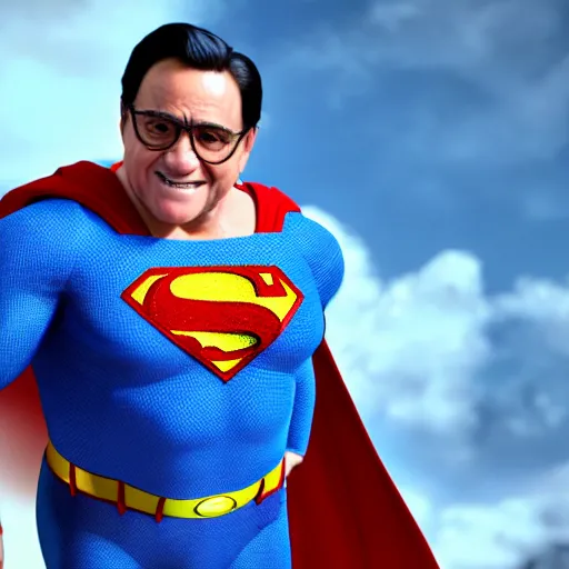 Image similar to Danny DeVito as Superman, 8k, highly detailed, Unreal Engine render