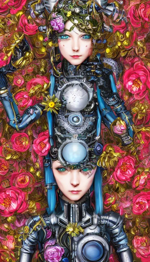 Prompt: full body head to toe portrait of a flowerpunk sci-fi cyborg rogue, third person, D&D, sci-fi fantasy, intricate, blue and gold, daisy and rose and peony, highly detailed, art by Range Murata, highly detailed, 3d, octane render, bright colors, digital painting, trending on artstation, sharp focus, illustration style of Stanley Artgerm, dramatic background