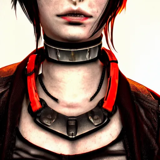 Image similar to detailed realistic female character cyberpunk wearing thick steel collar around neck, realistic, art, beautiful, 4K, collar, choker, collar around neck, punk, artstation, detailed, female, woman, choker, cyberpunk, neon, punk, collar, choker, collar around neck, thick collar, choker around neck, wearing choker, wearing collar,