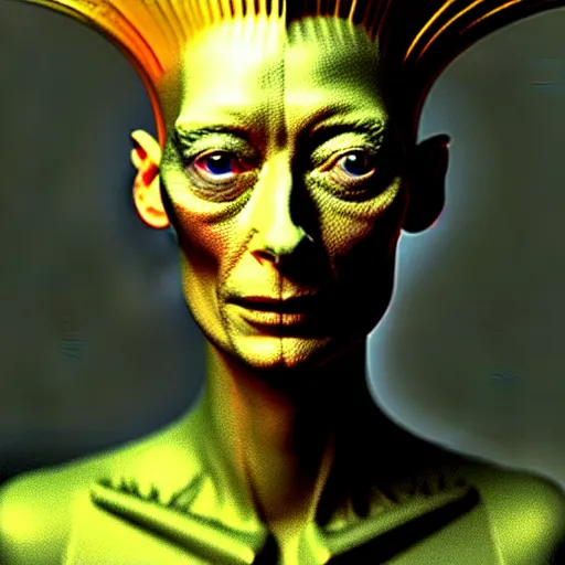 Image similar to a realistic octane render physically based rendering chrome plated tilda swinton, trending on artstation, by archan nair and marlene dumas, intricate details, gilded, in the style of frank auerbach