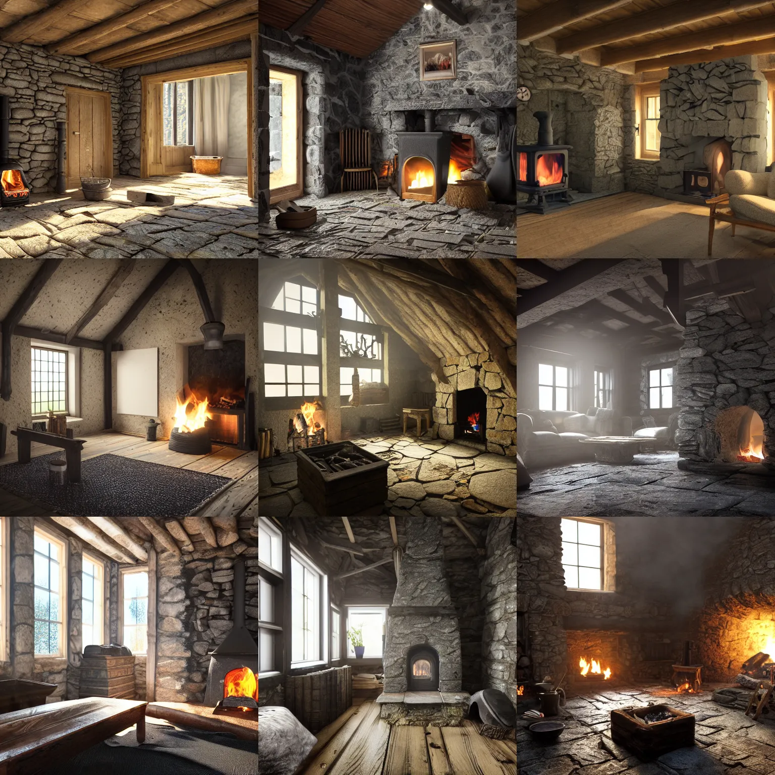 Prompt: photorealistic rendering of interior a hebrides crofter's black house dwelling, in scotland, 1 8 0 0 s, cozy, open peat fire in center of room, stone floor, smoke, cabinets, wooden furtniture, turf roof, volumetric lighting, dark, dark, dingy, old, unreal engine render