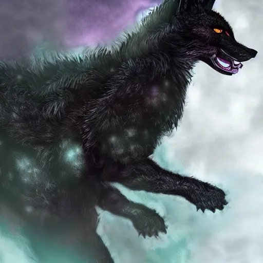 Image similar to feral chimera of a black fox and black dragon, with purple eyes, fantasy forest background, digital art