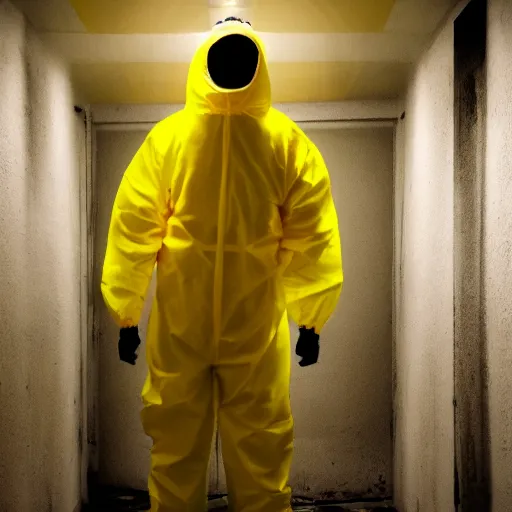 Prompt: a man wearing a yellow hazmat suit inside the very dark lighting empty unsettling creepy backrooms, liminal space, eerie mood, horror movie scene