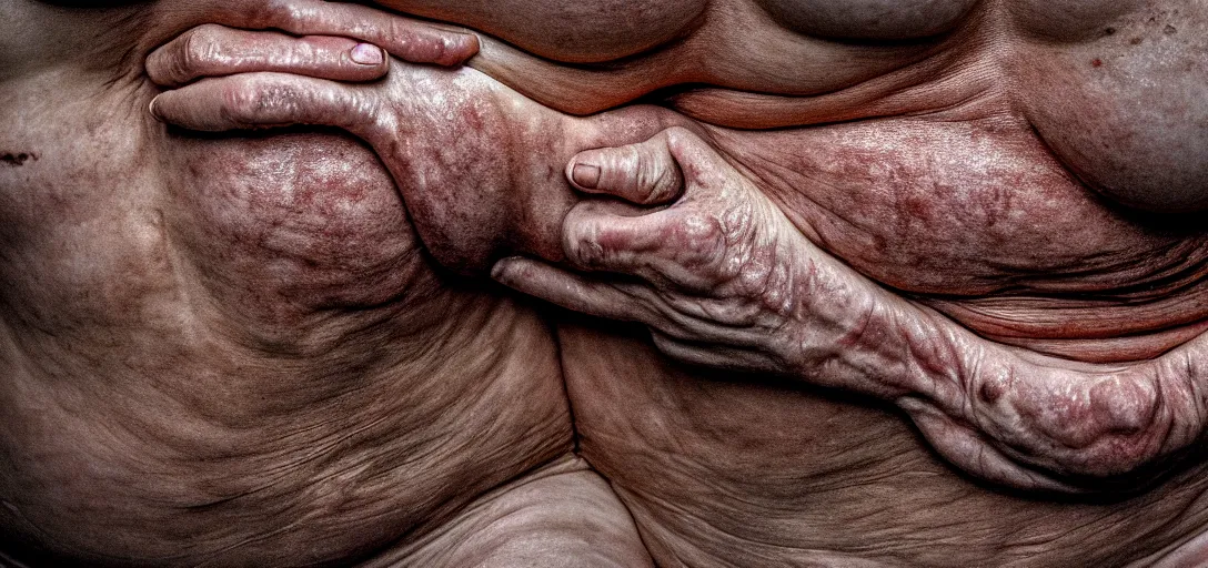 Image similar to a photograph of a landscape made of skin, folds of belly flab, skin, veins, bruises, scabs, warts, acne, highly detailed, wide angle lens, depth of field, even lighting, hdri